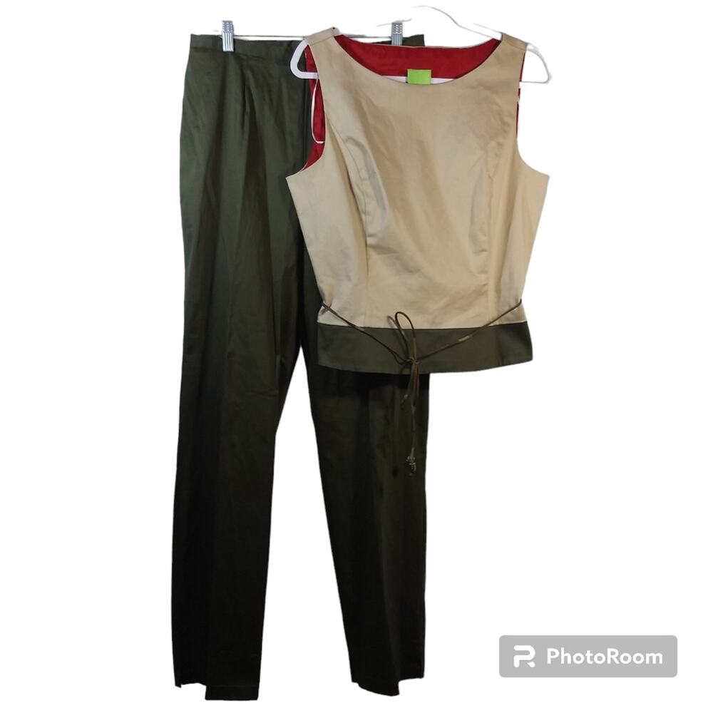 Citrine Green Tan Pants Set Business Granola Girl Safari 2 Piece Set Size 14